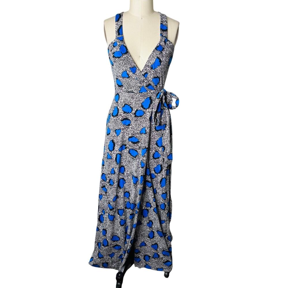 Diane von Furstenberg Blue Black Floral Sleeveless Wrap Maxi Dress Tie Belt 2